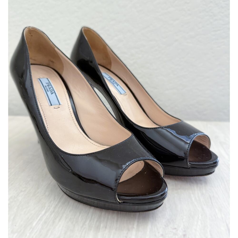 PRADA Patent Leather Peep-Toe Stiletto Heels Size 36.5 EU
